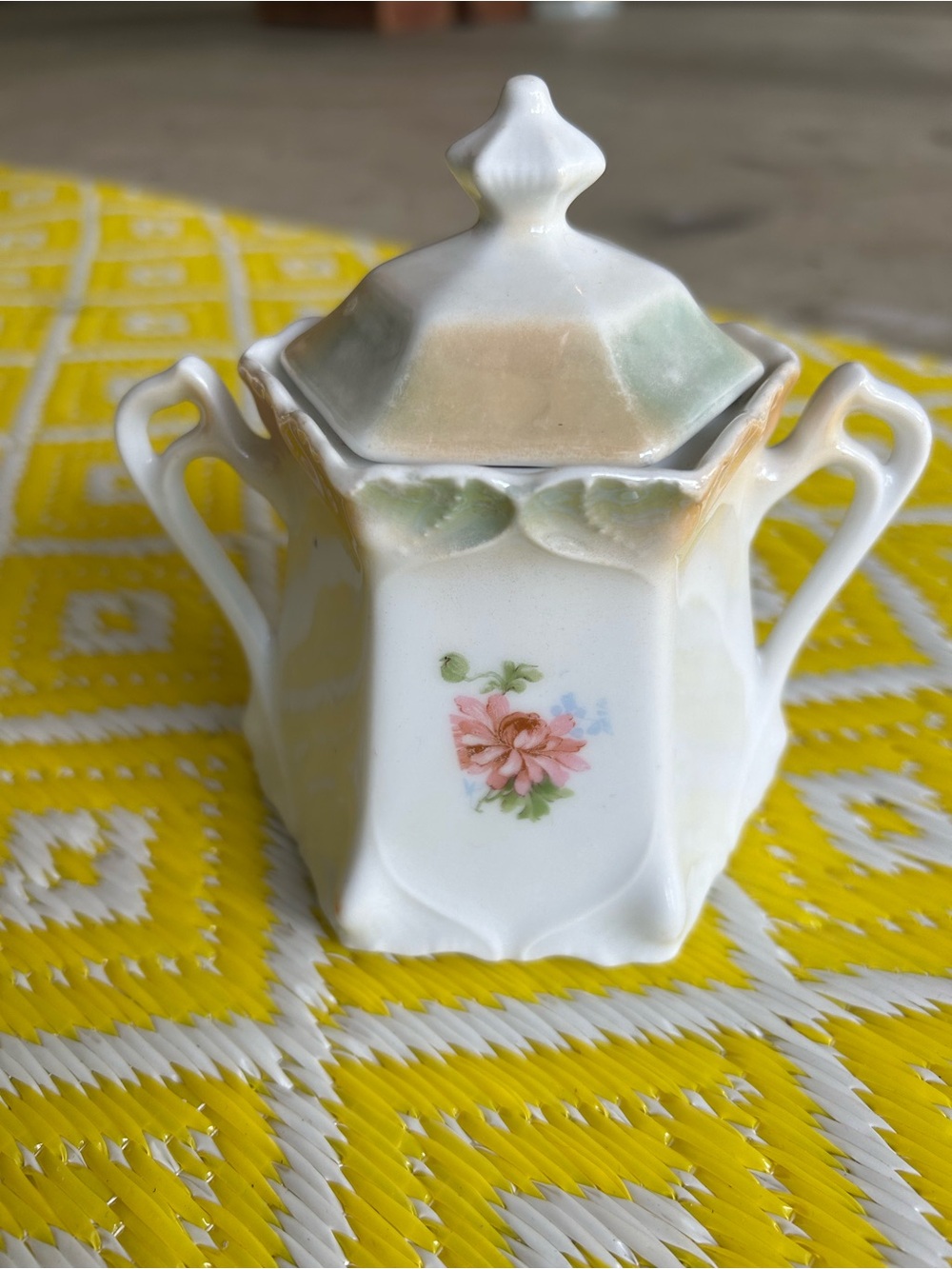 Vintage Floral Porcelain Covered Sugar Dish - White with Pink Rose